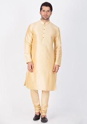 Beige Solid Poly Blend Kurta For Men
