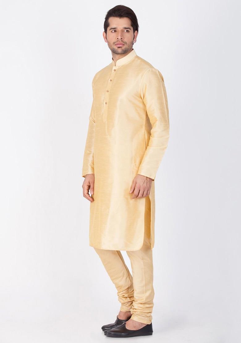 Beige Solid Poly Blend Kurta For Men