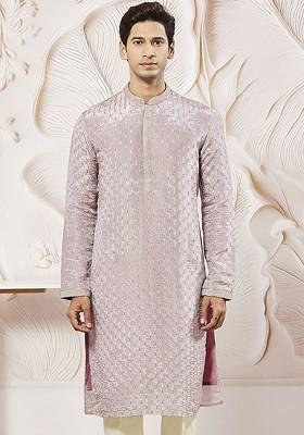 Lavender Floral Print Poly Blend Kurta For Men