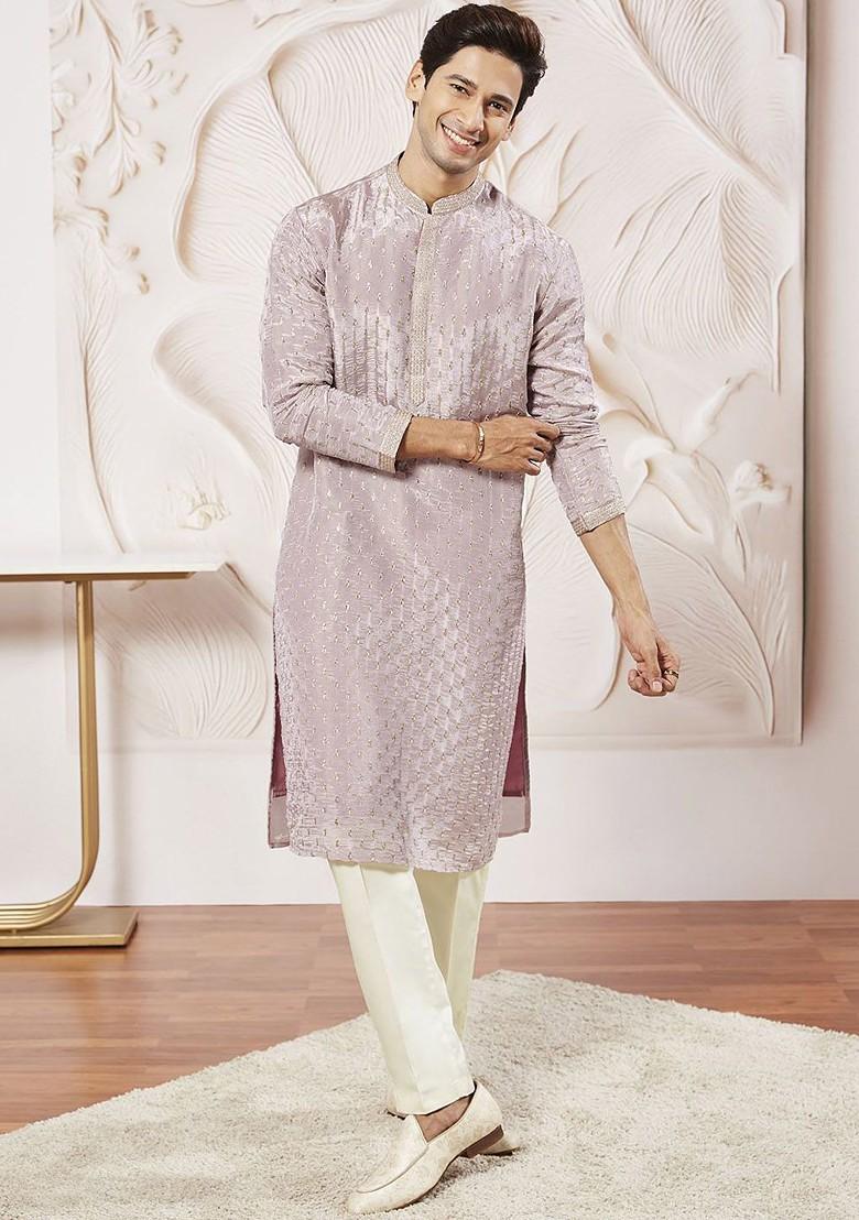 Lavender Floral Print Poly Blend Kurta For Men