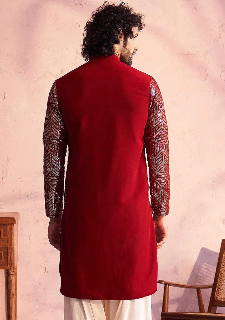 Maroon Embellished Georgette Kurta For Men