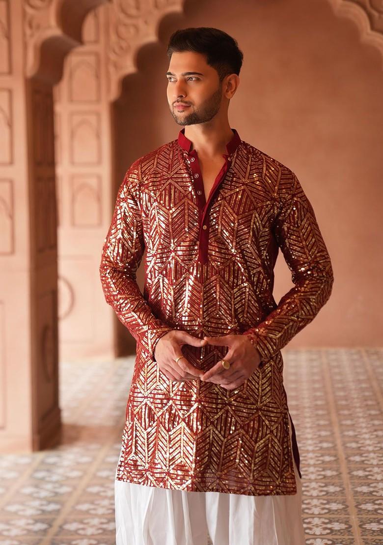 Maroon Embellished Georgette Kurta For Men