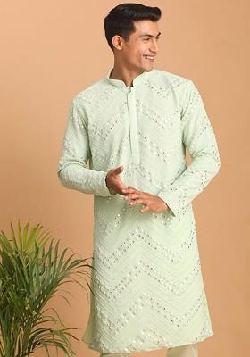 Green Embellished Georgette Kurta For Men