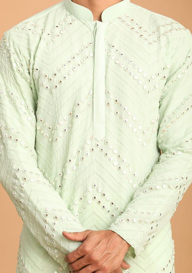 Green Embellished Georgette Kurta For Men