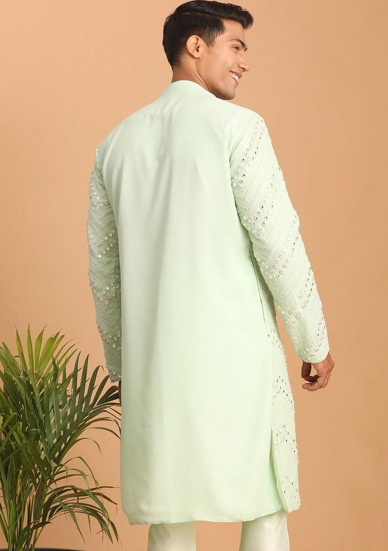Green Embellished Georgette Kurta For Men
