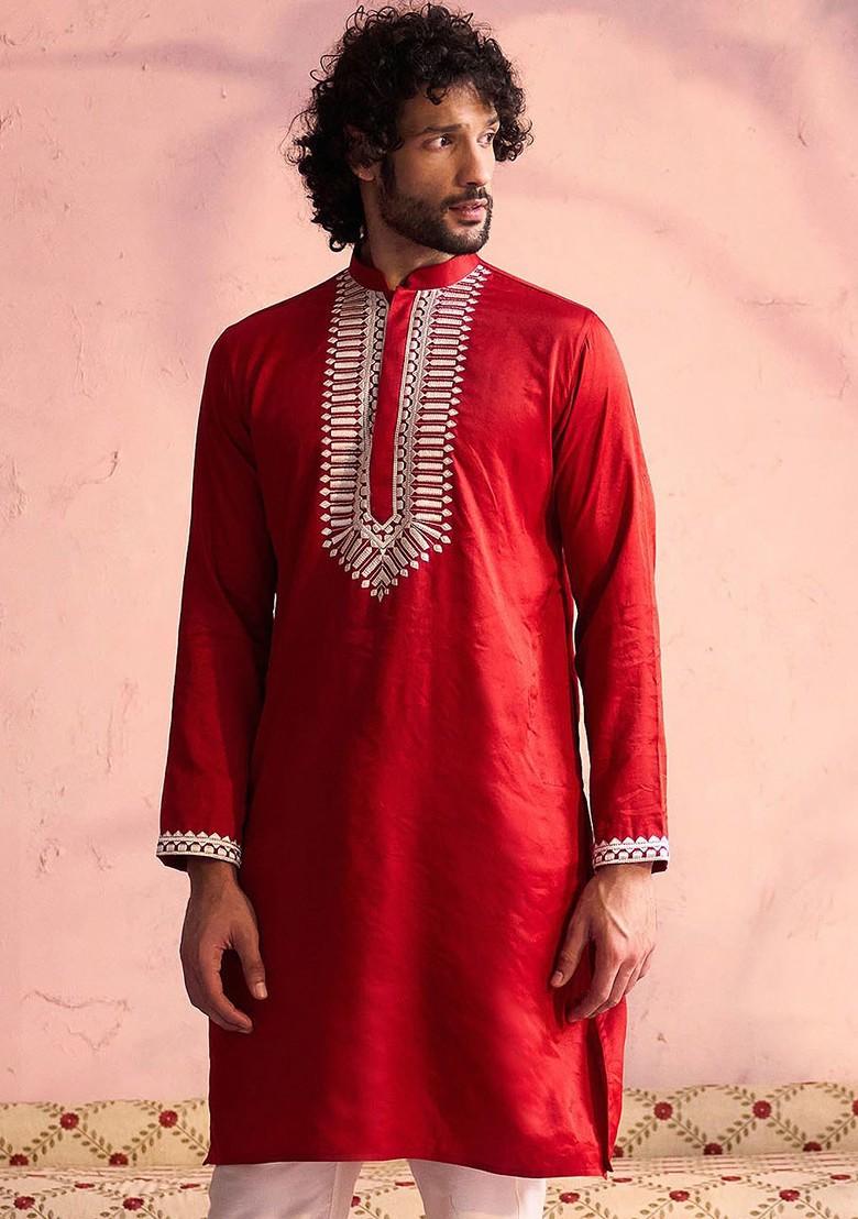 Red Solid Poly Blend Kurta For Men