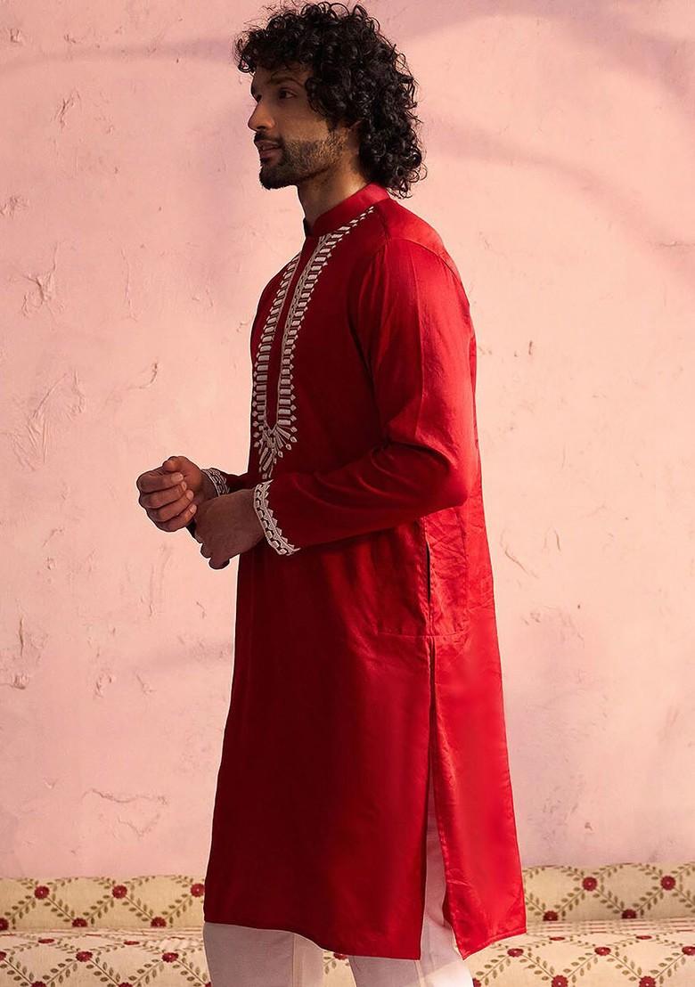 Red Solid Poly Blend Kurta For Men