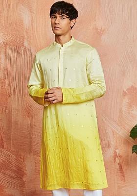 Yellow Embellished Silk Kurta For Men