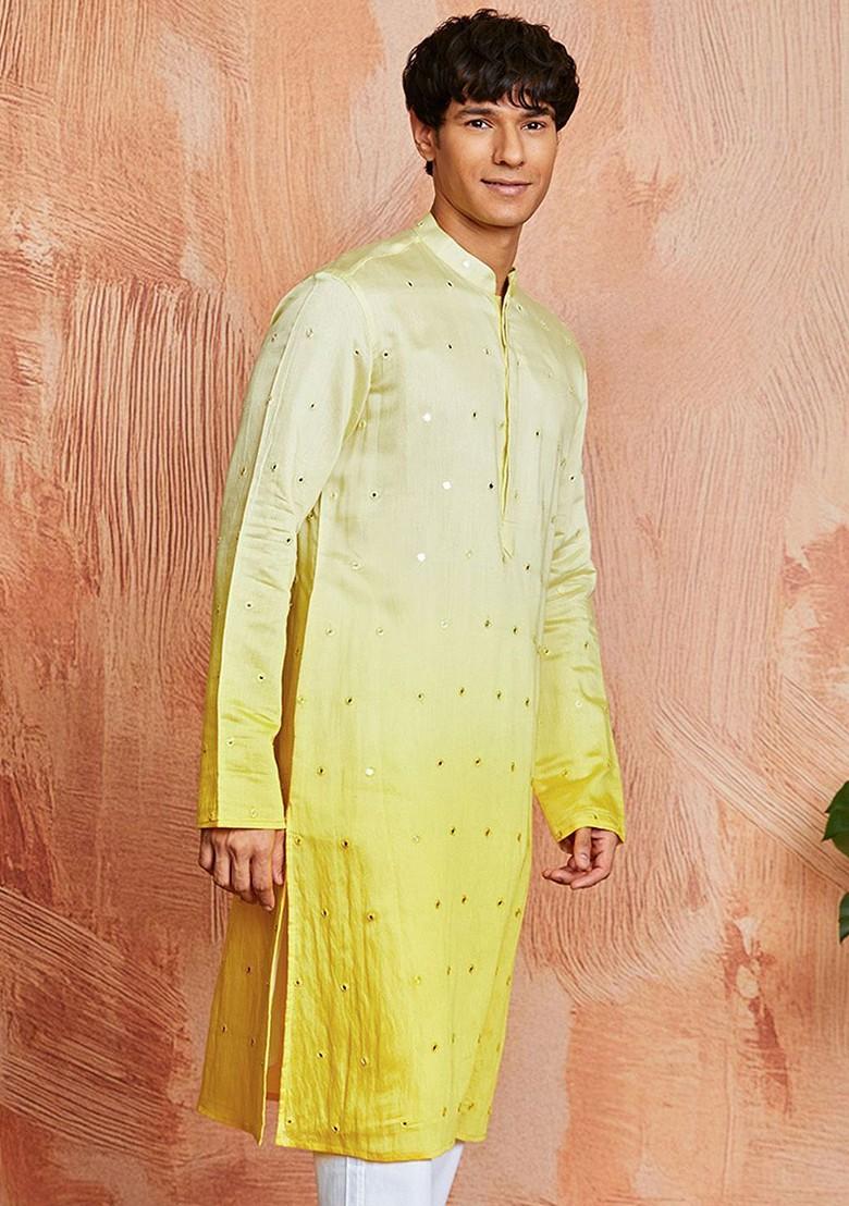 Yellow Embellished Silk Kurta For Men