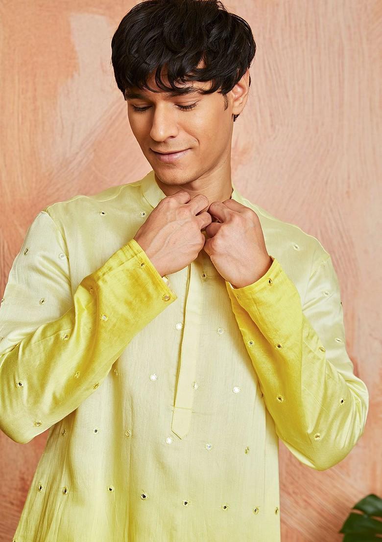 Yellow Embellished Silk Kurta For Men