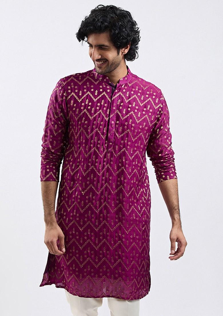 Purple Floral Print Jacquard Kurta For Men