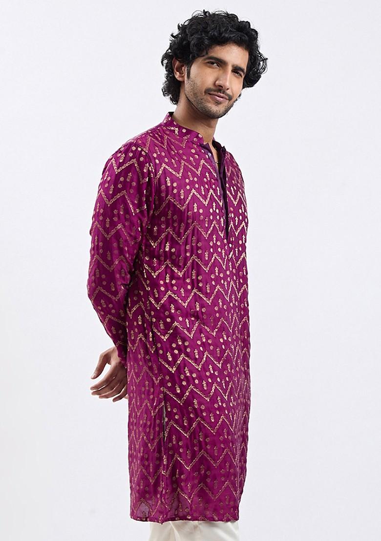 Purple Floral Print Jacquard Kurta For Men