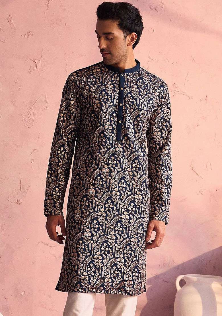 Navy Blue Ethnic Motifs Poly Blend Kurta For Men - Indya