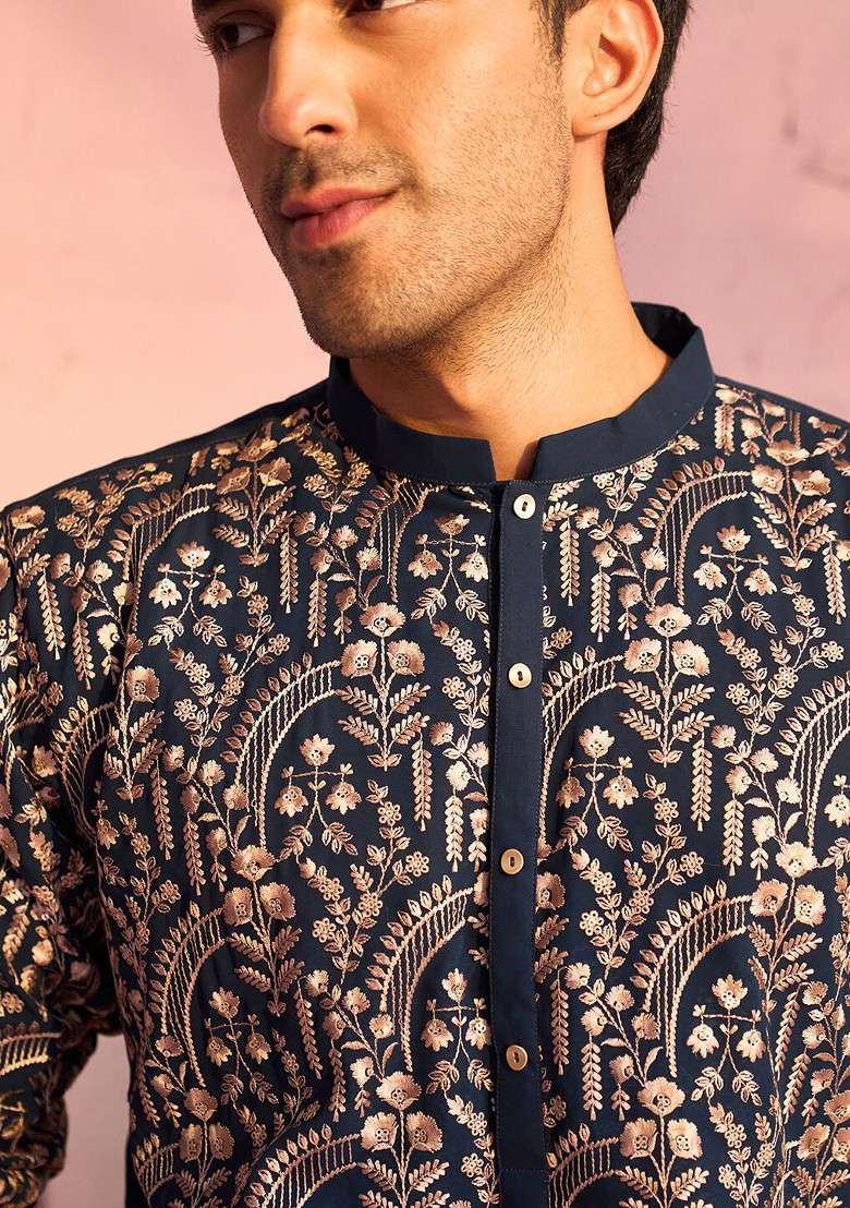 Navy Blue Ethnic Motifs Poly Blend Kurta For Men - Indya