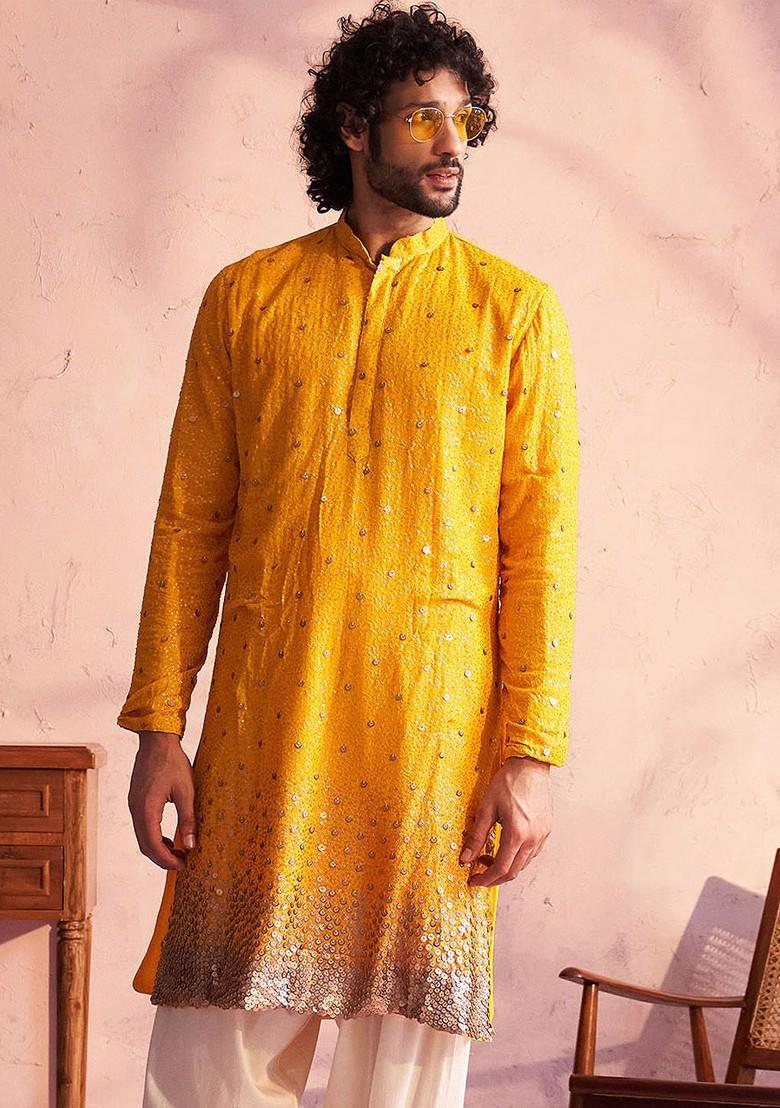 Yellow Embellished Poly Blend Kurta For Men