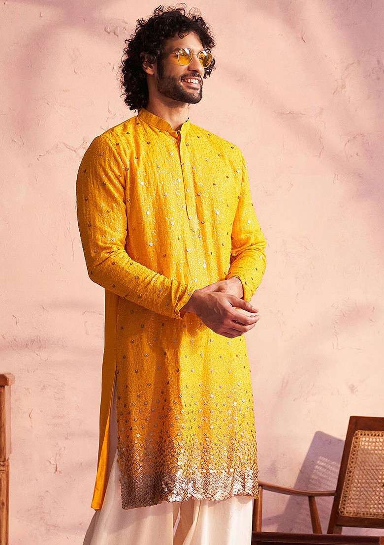 Yellow Embellished Poly Blend Kurta For Men - Indya