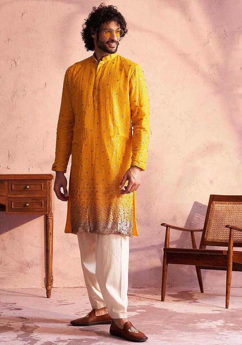 Yellow Embellished Poly Blend Kurta For Men