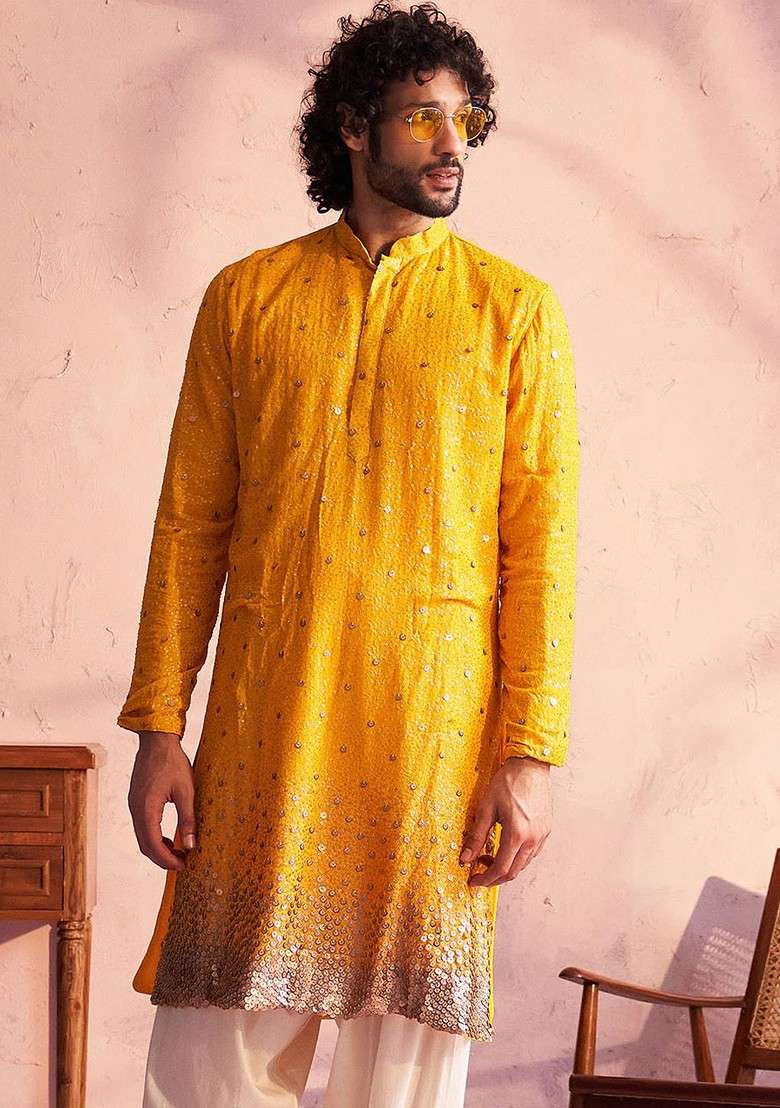 Yellow Embellished Poly Blend Kurta For Men - Indya