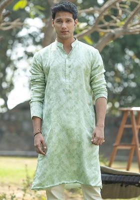 Green Floral Print Poly Blend Kurta For Men