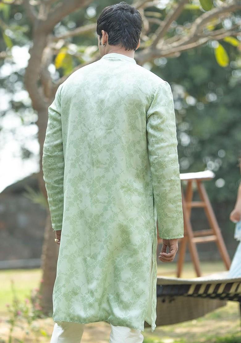 Green Floral Print Poly Blend Kurta For Men