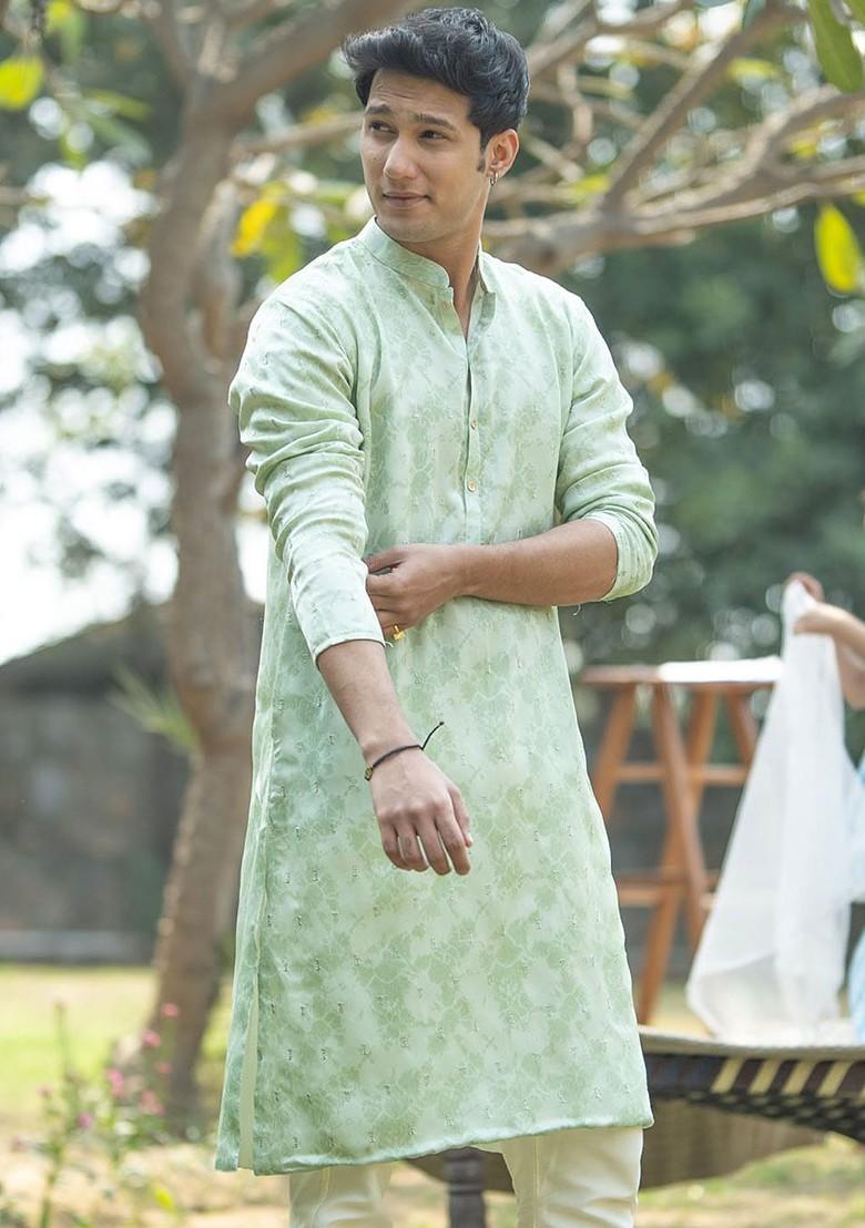 Green Floral Print Poly Blend Kurta For Men