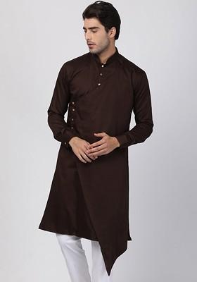 Coffee Brown Thread Work Poly Blend Kurta For Men