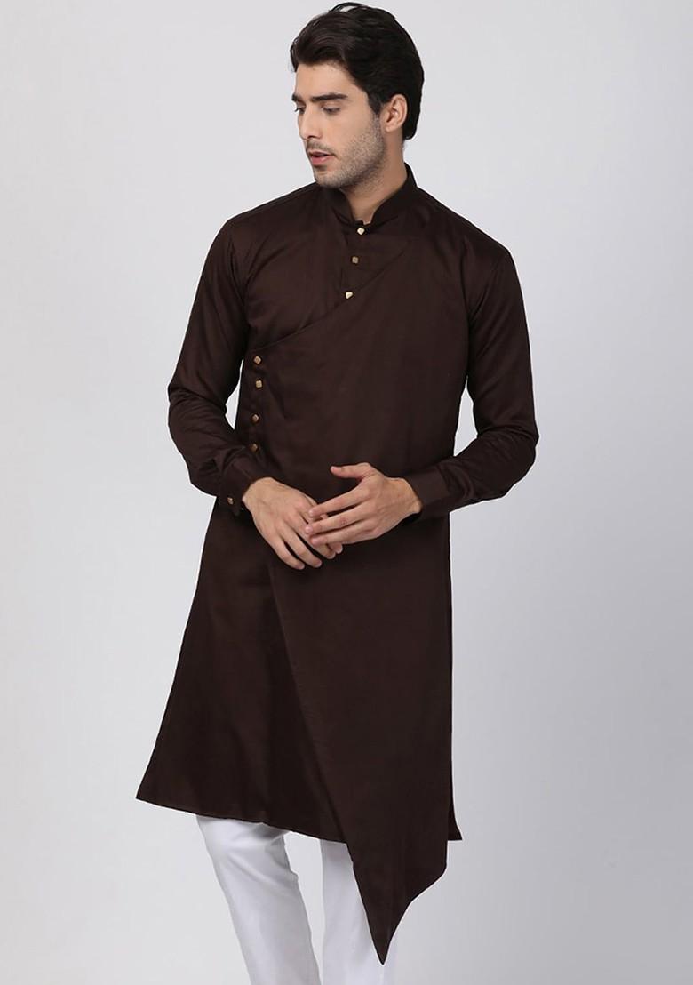 Coffee Brown Thread Work Poly Blend Kurta For Men