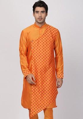 Orange Geometric Print Poly Blend Kurta For Men