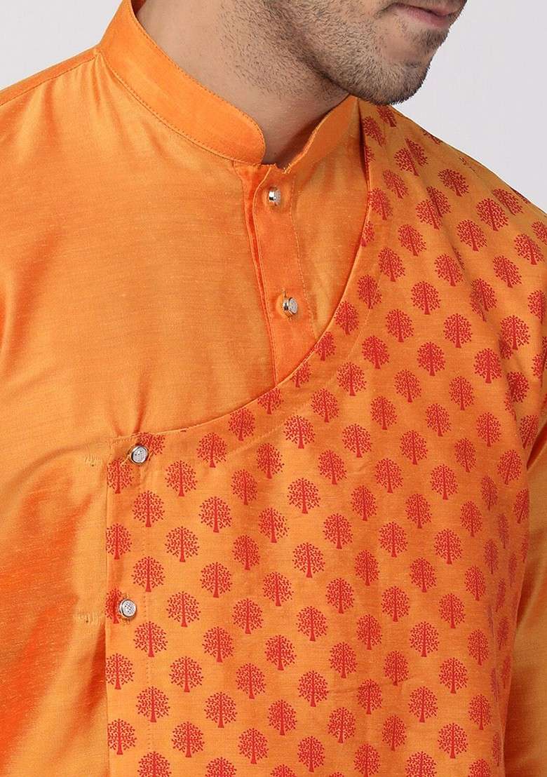 Orange Geometric Print Poly Blend Kurta For Men - Indya