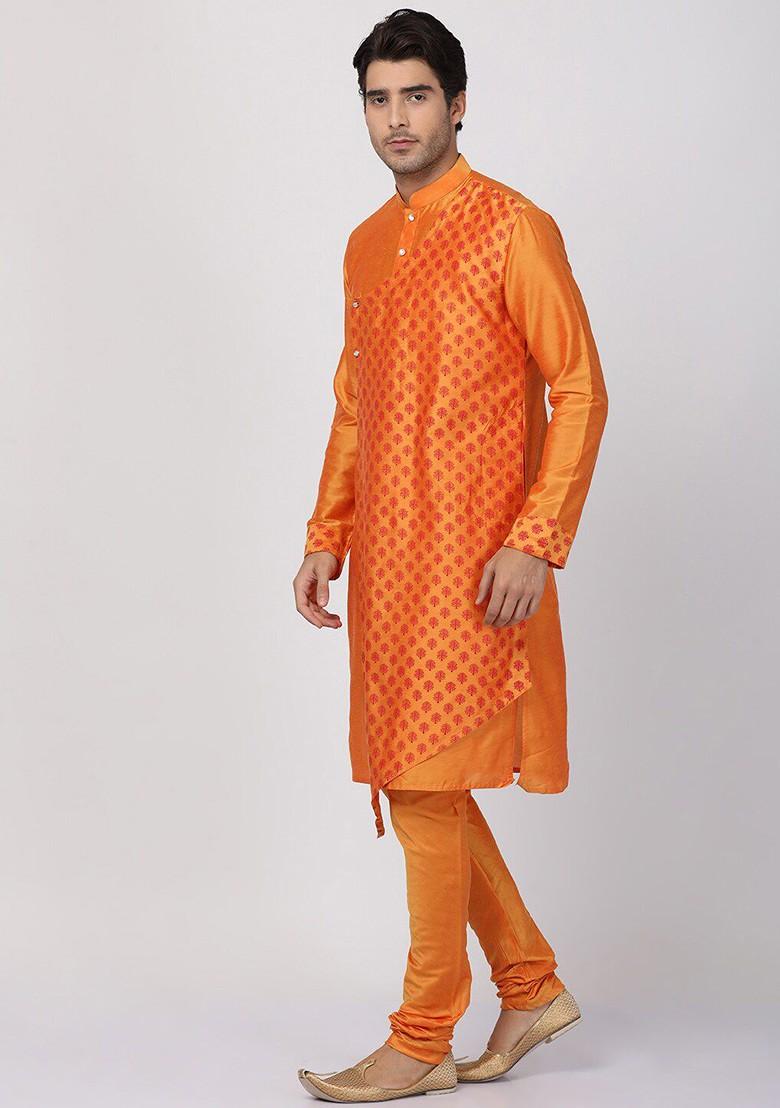 Orange Geometric Print Poly Blend Kurta For Men