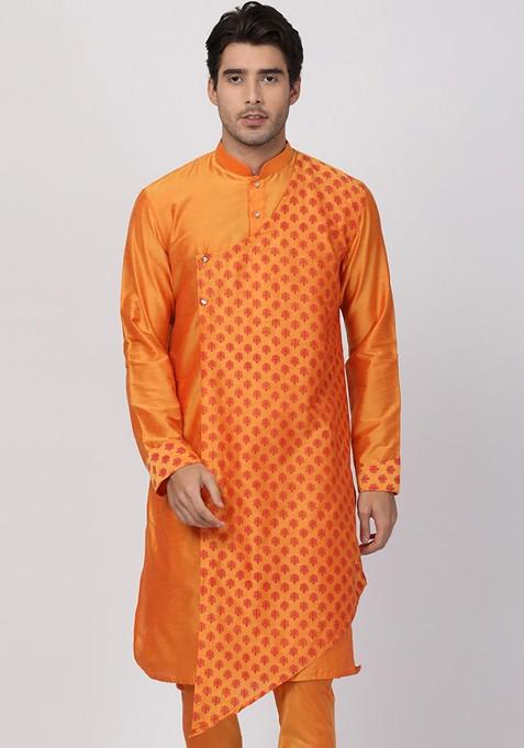 Orange Geometric Print Poly Blend Kurta For Men — view on Indya