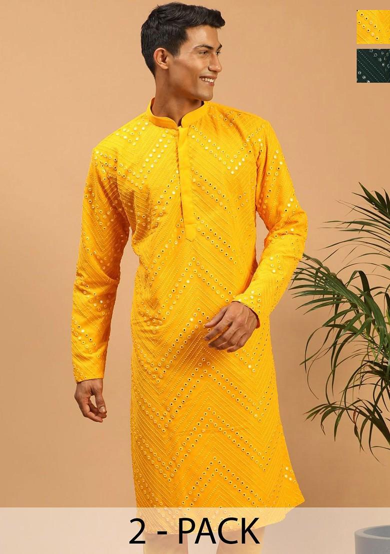 Yellow Mirror Work Georgette Kurta For Men