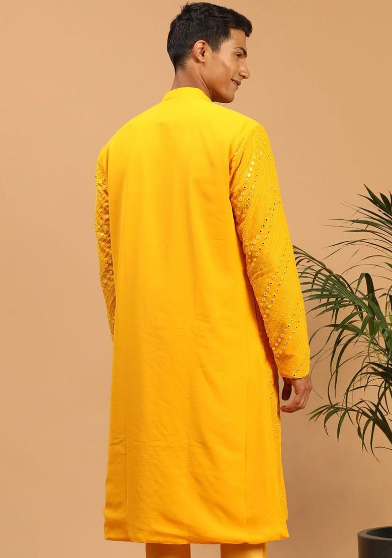 Yellow Mirror Work Georgette Kurta For Men