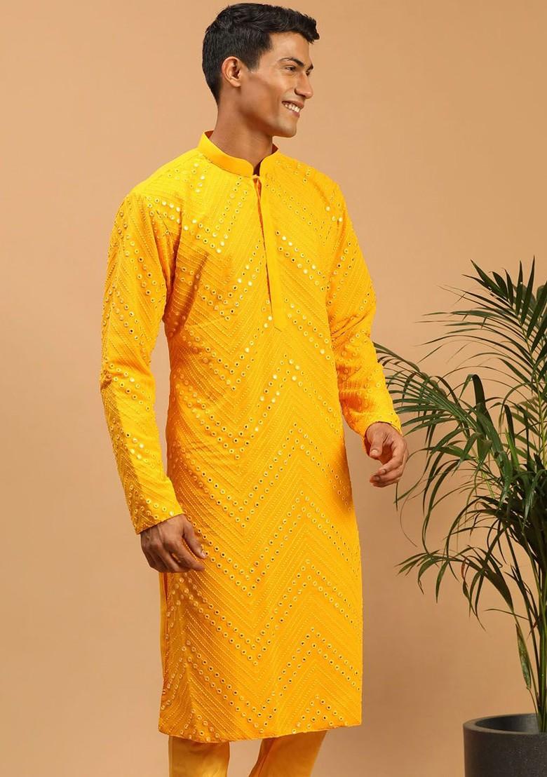 Yellow Mirror Work Georgette Kurta For Men