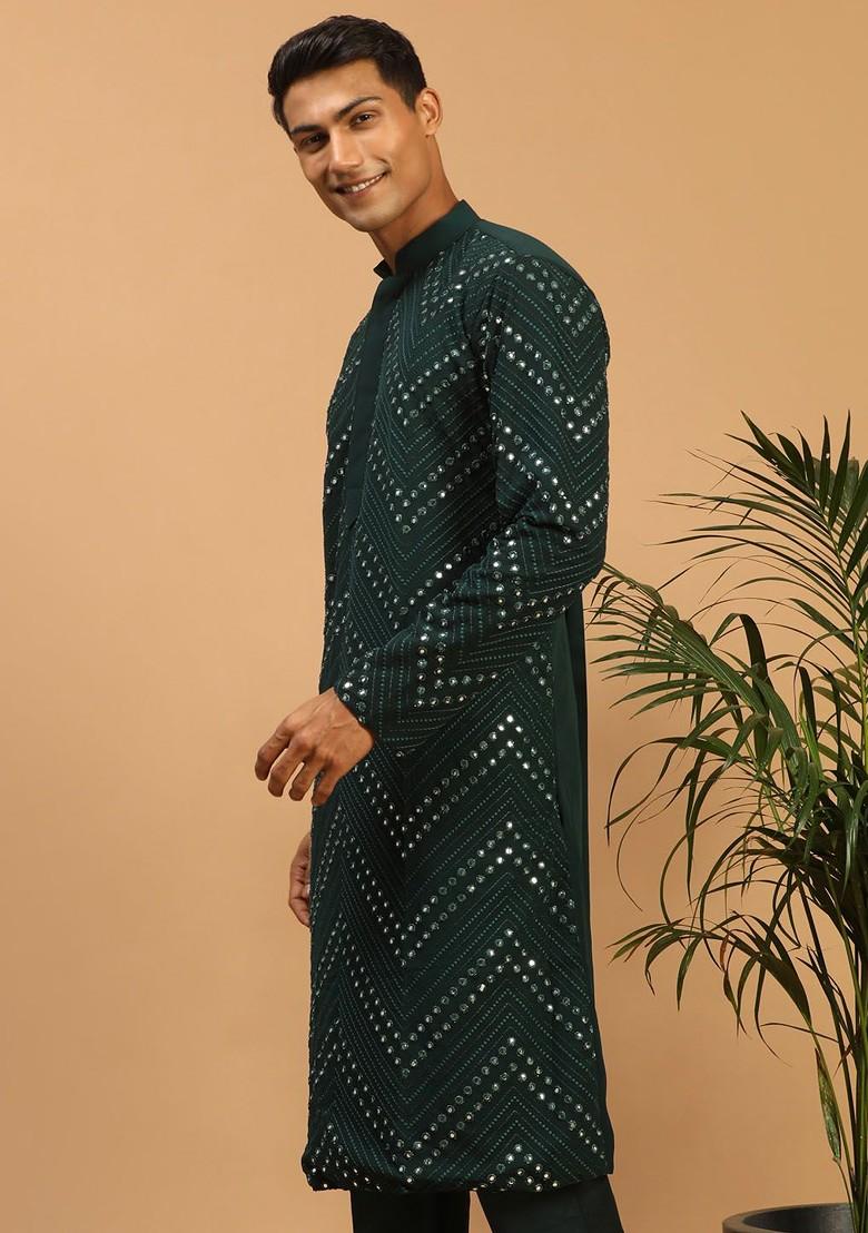 Yellow Mirror Work Georgette Kurta For Men