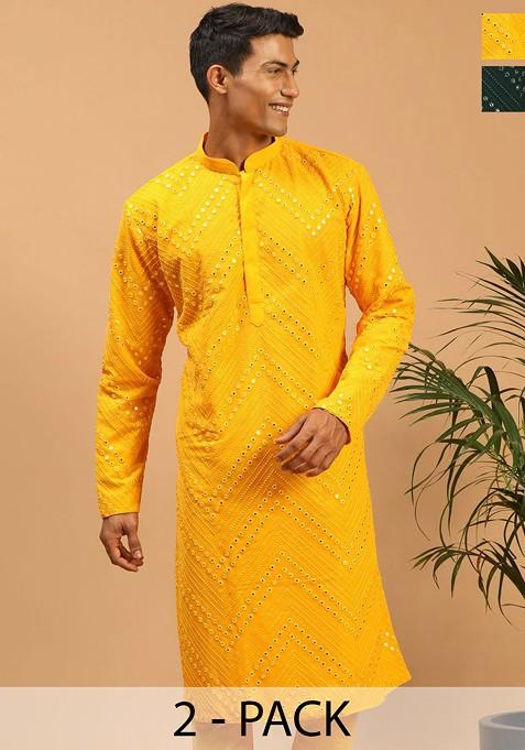 Yellow Mirror Work Georgette Kurta For Men