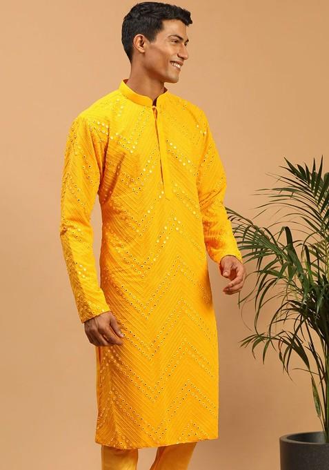 Yellow Mirror Work Georgette Kurta For Men