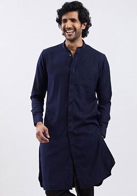 Navy Blue Solid Poly Blend Kurta For Men