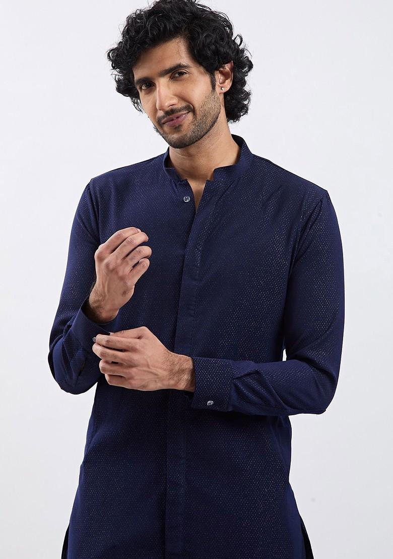 Navy Blue Solid Poly Blend Kurta For Men