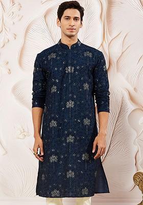 Navy Blue Embellished Poly Blend Kurta For Men