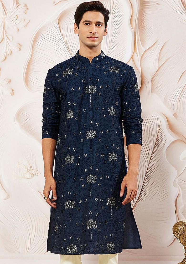 Navy Blue Embellished Poly Blend Kurta For Men
