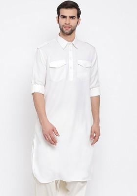 Off White Solid Pathani Kurta For Men