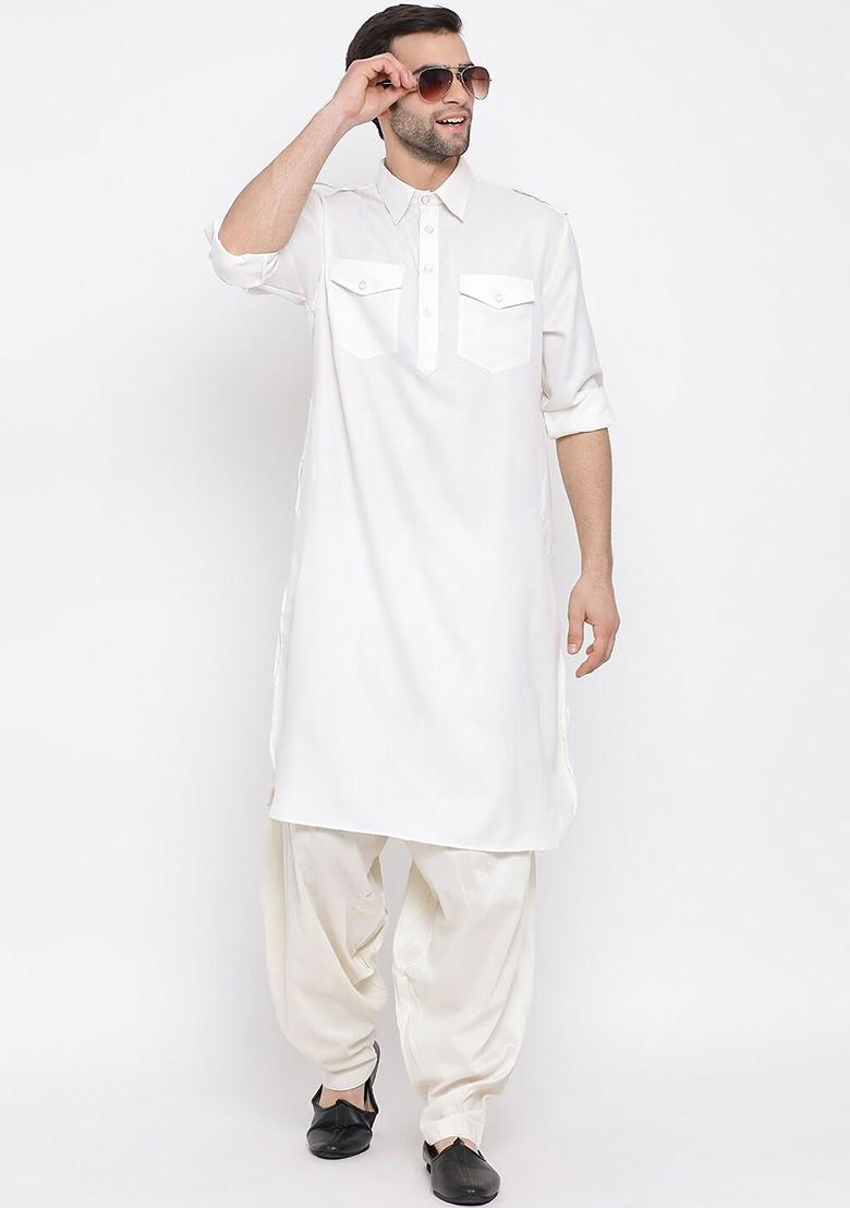 Off White Solid Pathani Kurta For Men