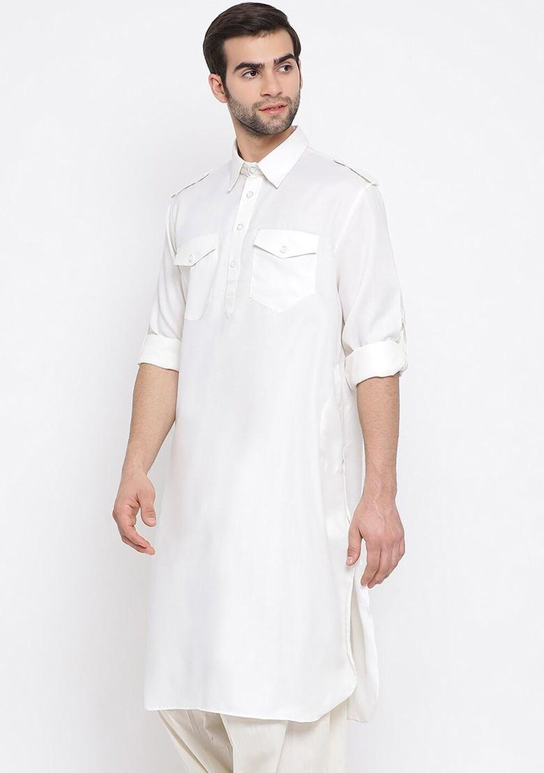 Off White Solid Pathani Kurta For Men