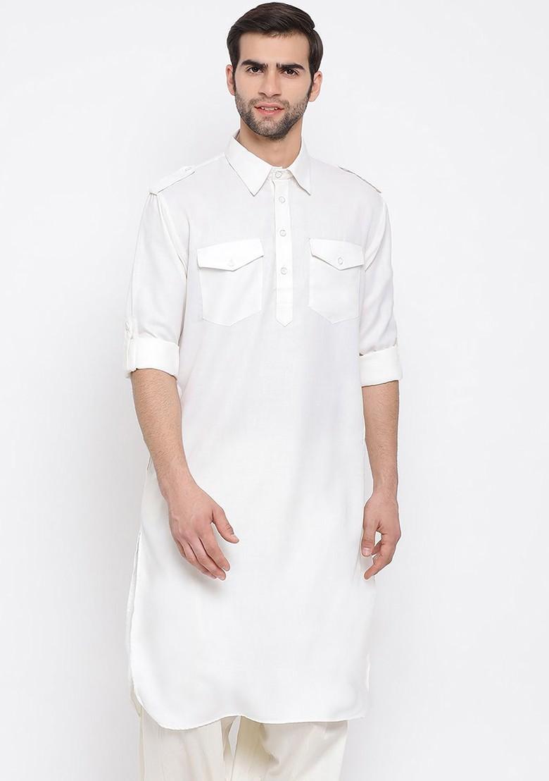 Off White Solid Pathani Kurta For Men