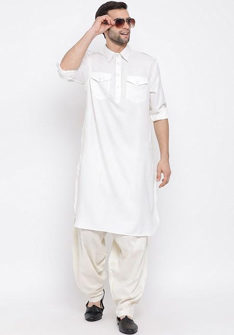 Off White Solid Pathani Kurta For Men