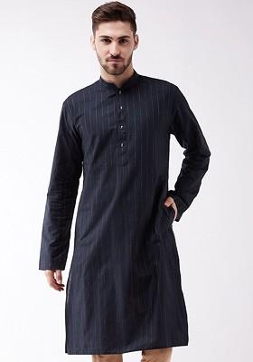 Navy Blue Striped Poly Blend Kurta For Men