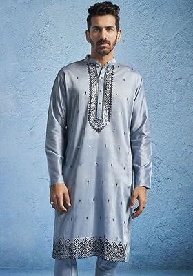 Grey Embroidered Silk Kurta For Men