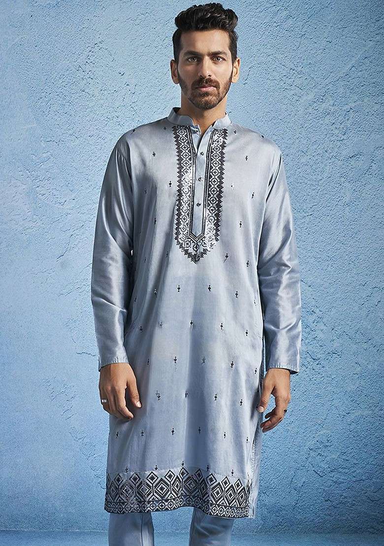 Grey Embroidered Silk Kurta For Men - Indya