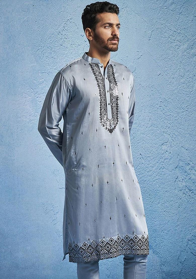 Grey Embroidered Silk Kurta For Men